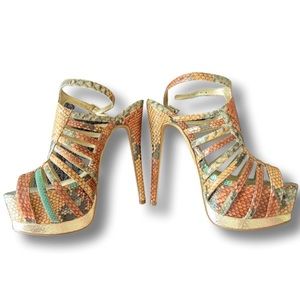 Beautiful exotic snake skin high heel strappy sanders.